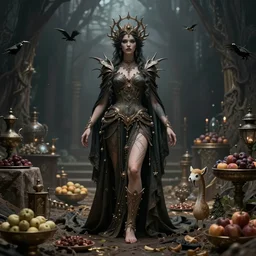 beautiful goddess of feast and famine, full body, ominous, cinematic shot, realistic, intricate detail, finely detailed, photorealistic, epic, high definition, 8 k, artstation, midjourney