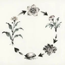 japanese ink drawing of a natural cycle of a plant from seed to bloom to decay