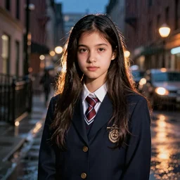 night flash portrait photography of a high school girl in catholic school uniform on the lower east side by annie leibovitz, colorful, nighttime!, raining!