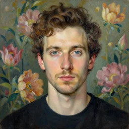 portrait of a man, with a floral background painted by artgerm, karol bak, artur bordalo, sandra chevrier : : portrait, character, illustration, hyperrealism