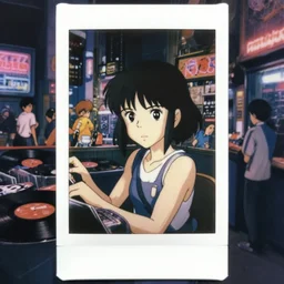 a full body polaroid portrait of a 1 9 8 0's ( eyes side ) disney girl 1 2 working at a 1 2 4 vinyl stall, finely detailed features, closeup at the faces, perfect art, busy cyberpunk city, gapmoe yandere grimdark, trending on pixiv fanbox, painted by ilya kushinov makoto shinkai takashi takeuchi studio ghibli, akihiko yoshida,