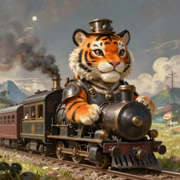 a portrait an anthropomorphic steampunk tiger driving a train, landscape in background, cute and adorable, dnd character art portrait, well rendered matte fantasy painting, deviantart artstation, by jason felix by steve argyle by tyler jacobson by peter mohrbacher, cinematic lighting