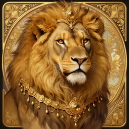 a beautiful lion, gold jewellery, dnd, fantasy, intricate, elegant, highly detailed, digital painting, artstation, concept art, smooth, sharp focus, illustration, art by artgerm and greg rutkowski and alphonse mucha