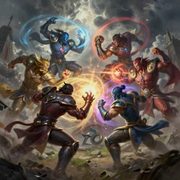 a vicious battle between 5 heroes of the dire versus 5 heroes of the radiant from dota 2, visible are 1 0 heroes from the dota 2 universe, everyone is throwing spells or attacks, vicious fight, dynamic shot, dynamic composition, low - angle shot, cumulonimbus clouds, detailed digital painting, drawn by kunkka, artbykunkka