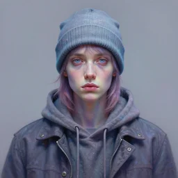 portrait of a starving ai artist, detailed clothing, beanie, concept art, artstation, detailed luminescent pastels painting by alan lee and artgerm