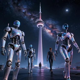 unreal, cosmic shimmer, robots and humans walking in space, cn tower, surreal, mysterious, hyperfine, unreal engine 5 highly rendered, global illumination, by eytan zana, pablo carpio.
