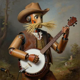 painting of a country bumpkin robot playing a banjo, straw in his mouth, style of hieronymus bosch, high detail, hyper realistic, 8 k