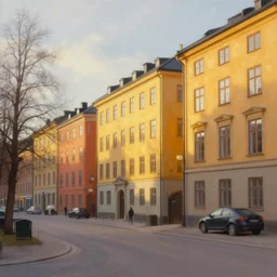 stockholm city, volumetric lighting, spring early, nice slight overcast weather, realistic illustration, perfectly shaded, ( golden hour ), soft painting, low angle, art by sven nordqvist