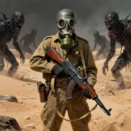soldier wearing gasmask standing in desert, holding ak - 4 7 rifle, surrounded by dark creatures, supernatural horror, dirt road, pulp cosmic horror book cover character art. h. p. lovecraft, artwork by greg hildebrandt, greg rutkowski
