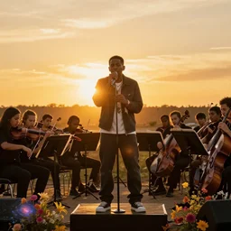 tyler, the creator performing alongside an entire orchestra, beautiful golden light, sunset, galaxy, flowers, beautiful, light, evening, adorable photography