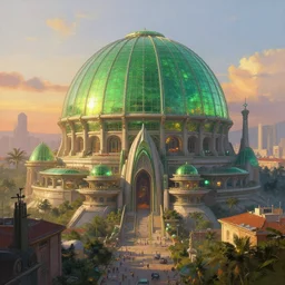 capital city of the free republic of liberland with humongous green glass dome, solarpunk, eutopie, sunset light, hyperdetailed, artstation, painting by gaston bussiere, craig mullins, j. c. leyendecker, 8 k