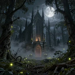 stunning neo-gothic fantasy woodland, hyperdetailed twigs and plants, moonlit nightscape, bioluminiscent fireflies, layered fog, moody lighting, photorealistic digital arts, artstation HD, 8K