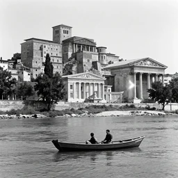 movie still of a man on a small boat on a river with vertical ancient city backround, cinestill 8 0 0 t 3 5 mm, b & w, heavy grain, high quality, ultra wide lens, high detailed, flares, anamorphic, neoclassical architecture, ancient high buildings, classical temples