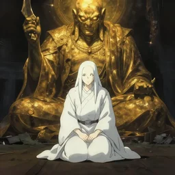 a creepy white robed being kneeling in front of a giant golden god in the darkness, ghibli style, artstation