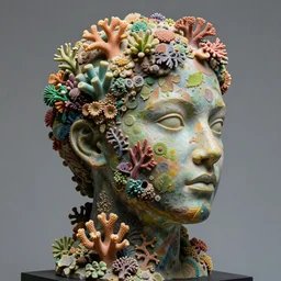 A hyper-realistic sculpture of a human head with infinite coral garden of plants
