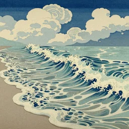 Richly textured clouds and waves, An aesthetically pleasing, dynamic, energetic, lively, complex, intricate, detailed, well-designed digital art of a beach, ripples, waves, sea foam, light and shadow, overlaid with aizome patterns, Shin-hanga by Bob Ross, traditional Japanese colors, superior quality, masterpiece, featured, trending, award winning, HDR, HD, UHD, 4K, 8K, anamorphic widescreen