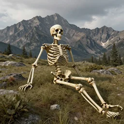 A land artwork of a skeleton in the middle of the mountains, 8K concept art, rendered in Unreal Engine, detailed