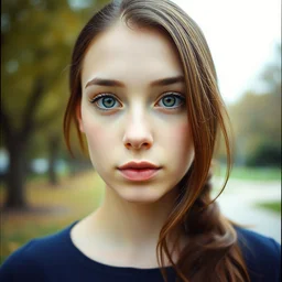 a photograph of a young woman in a park, dof, sharp focus, highly detailed face, symmetric face, realistic iris, cinestill 8 0 0 t, photography by acacia johnson