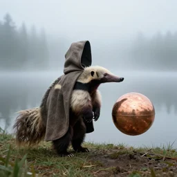 an anteater, wearing a hooded cloak, stands next to a levitating copper orb, foggy lake, by alan bean