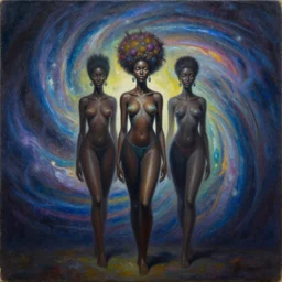 a surreal cognitive illusion, african goddes afro nebula, by oleg shupliak and jeffrey smith, oil on canvas, afrofuturism, surrealism