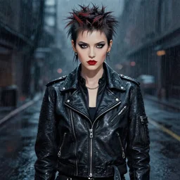 portrait painting of a punk woman in a leather bomber jacket, medium shot, symmetrical, rainy night, elegant intricate digital painting, trending on artstation, by huang guangjian