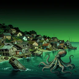 landscape view on an old fishing village at night, destryed by a humanoid octopus creature emerging from the ocean, night colors, high - key lighting, beautiful composition, intricate, gradient from green to black, pro photography by, highly detailed, digital painting, art by artgerm and greg rutkowski and alphonse mucha, smooth, sharp focus illustration