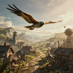 a vertibird from Fallout flying over a steampunk village