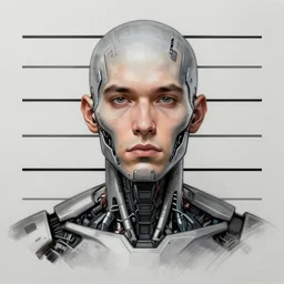 A portrait of a criminal, mugshot, matte sketch, cyborg, techno grunge, Artstation, CGsociety