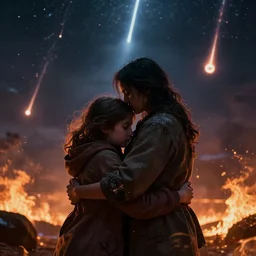 “A family hugging each other for the last time as the world is ending, meteors falling from the sky, everything is on fire, dramatic lighting, digital art, beautiful, 8K, dark lighting, trending on Artstation, award winning”