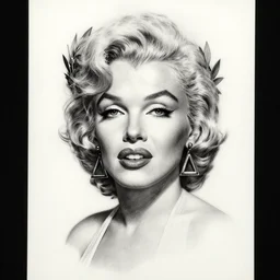 realism tattoo sketch of mariyln monroe as a beautiful greek goddess aphrodite with piercing eyes wearing a laurel wreath and triangle earrings, in the style of greg rutkowski, amazing detail