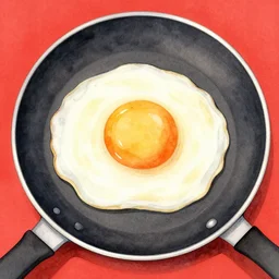 egg on a frying pan, delicious, kseniia yeromenko, rob duenas, watercolor, illustration, red background, highly detailed
