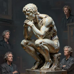the thinker as a cyborg, intricate, elegant, volumetric lighting, scenery, digital painting, highly detailed, artstation, sharp focus, illustration, concept art, luis rollo, ruan jia, steve mccurry, john berkey