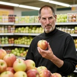 Steve jobs selling apples on a supermarket, 35mm lens