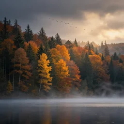 landscape photography, marc adamus, forest, lake, mist, autumn, dramatic lighting, flock of birds, sunrise