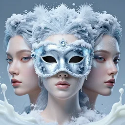 3 d beautiful face with glossy venetian mask in the center. ice, frost, snow, milk, artwork by tooth wu and wlop and beeple and greg rutkowski, 8 k trending on artstation, volumetric lighting