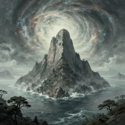 cinematic view of a large mountain surrounded by oceans filled with swirling nebula magic, trees, desaturated, psychedelic, tim hildebrandt, wayne barlowe, bruce pennington, donato giancola, larry elmore, oil on canvas, masterpiece, trending on artstation, featured on pixiv, cinematic composition, dramatic, beautiful lighting, sharp, details, hyper - detailed, hd, hdr, 4 k, 8 k