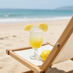 a lemon, sitting on a deck chair, enjoying a cocktail by the beach, with sea in distance, 4 k, hd, realistic