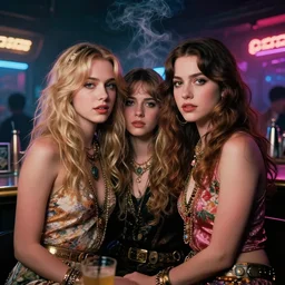 sophisticated portrait of anne kendricks emma roberts kat dennings, 1 9 9 0 s flower power hippy, very smoky cyberpunk paris bar, elegance, highly detailed, shallow depth of field, artstation, artgerm, moebius, dark cyberpunk neon atmosphere, donato giancola and joseph christian leyendecker
