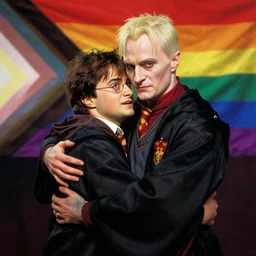 harry potter hugging voldemort, pride flag in background, full picture, art by normal rockwell