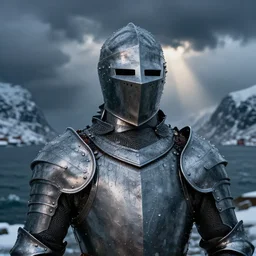 knight, norway fjord, extreme close up portrait, hudson river school, max rive, armor made of water, studio lighting, stormy seas, beautiful, bokeh, snowy, storm clouds, god rays, extreme close up portrait, d & d, fantasy, elegant, low key color palette, concept art, roger deakins and greg rutkowski and alphonse mucha
