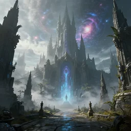 castlegarden infront of dark fantasy castle,, abstract stone portal castlegarden to otherworldly galaxies, ( ( ( fog ) ) ), high sci - fi fantasy, cryengine 8 k render, artwork by world of warcraft mass effect dnd overwatch dark souls, morning light, cold color palette