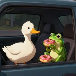 a duck and a frog eating donuts in a car, cartoon, artstation, noir