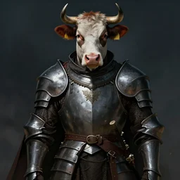 handsome cow wearing medieval suit of armor, illustration, concept art, art by wlop, dark, moody, dramatic
