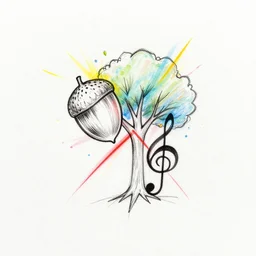 sketch single line drawing with burst of color acorn that turns into a tree that is also a treble clef with line through the center, clean single line tattoo with color bursts when crossing scar