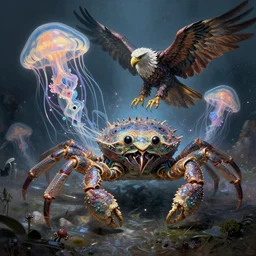 monster character design, fantasy. intricate jellyfish crab eagle lizard biomechanical. by ernst haeckel