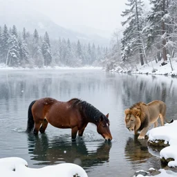 dal lake, snow fall, clean water, horse swimming, lion drinking water, amazing, hyperrealistic, 4 k