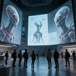 hyper realistic wide shot of a group of people standing inside an intergalactic space port designed by zaha hadid while viewing large digital displays showing annotated drawings of aliens, very fine details, hdri lighting, subtle shadows, art by tim okamura, art by karol bak, cinematic, intricate, highly detailed, depth of field, unedited, 8 k