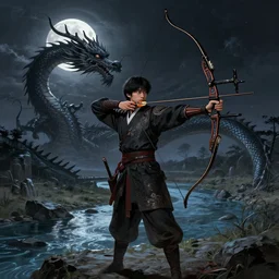korean archer shooting a dragon. the moon is in the sky. there is a river. dark fantasy. high resolution. detailed. digital art. kentaro miura.