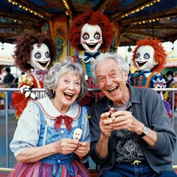 a colorful portrait photograph of grandparents playing in a amusement park, with diabolical cursed creepy dolls, poppy playtime style, with crazy laughs and crazy eyes, taken by martin parr, saturated colour photo kodachrome