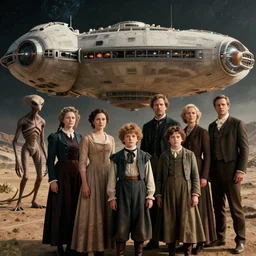 sharp, 4k film still from a sci fi blockbuster color movie made in 2022, set in 1860, of a family standing in front of a spaceship that has just landed on an alien planet, a humanoid alien creature stands nearby, the family are all wearing 1850s era clothes, cinematic lighting, cinematic camera, in focus, extremely good quality lighting, good quality photography, A list cast, famous actors, famous actresses, oscar winner